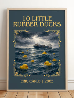 10 Little Rubber Ducks Classic Book Art Print by Eric Carle – framed print leaning on a wooden floor