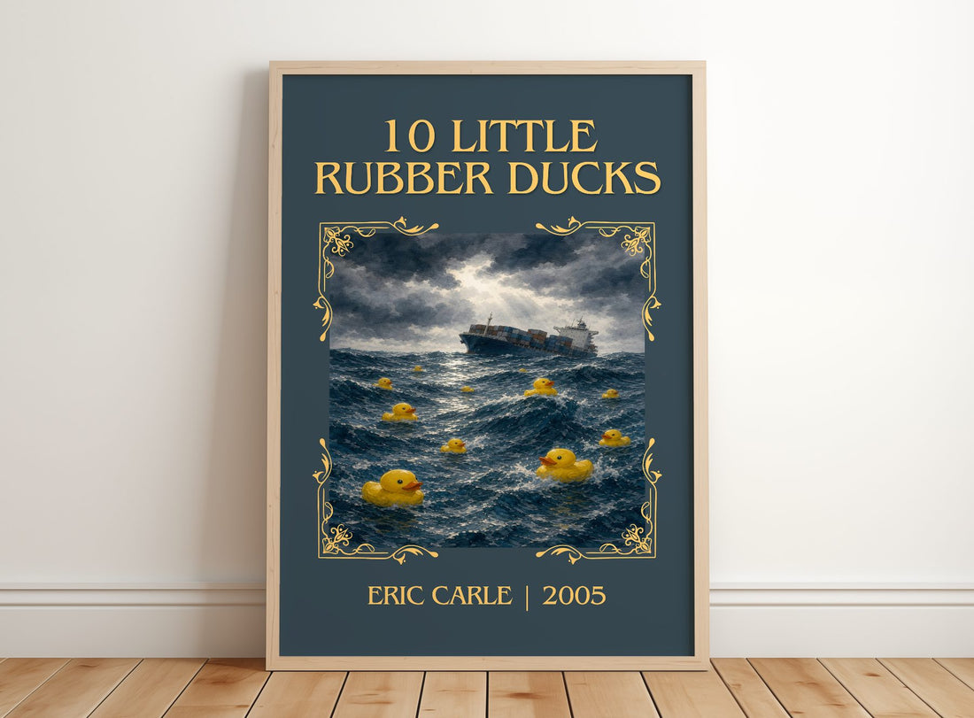 10 Little Rubber Ducks Classic Book Art Print by Eric Carle – framed print leaning on a wooden floor