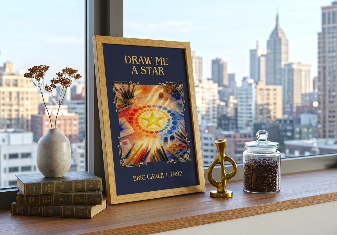 Draw Me A Star Classic Book Art Print by Eric Carle – framed print on a city-view windowsill