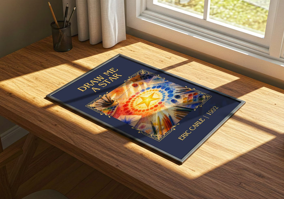 Draw Me A Star Classic Book Art Print by Eric Carle – print on a sunlit desk