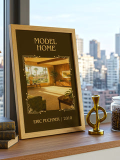 Model Home Classic Book Art Print by Eric Puchner – framed print on a city-view windowsill