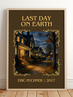 Last Day On Earth Classic Book Art Print by Eric Puchner – framed print leaning on a wooden floor