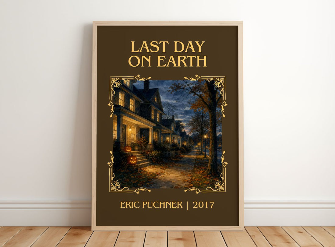 Last Day On Earth Classic Book Art Print by Eric Puchner – framed print leaning on a wooden floor