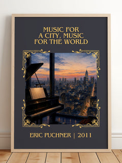 Music For A City, Music For The World Classic Book Art Print – framed print leaning on a wooden floor