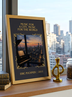 Music For A City, Music For The World Classic Book Art Print – framed print on a city-view windowsill
