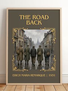 The Road Back Classic Book Art Print by Erich Maria Remarque – framed print leaning on a wooden floor