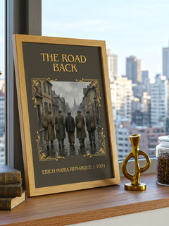 The Road Back Classic Book Art Print by Erich Maria Remarque – framed print on a city-view windowsill