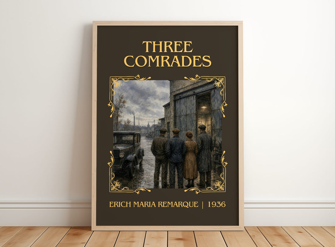 Three Comrades Classic Book Art Print by Erich Maria Remarque – framed print leaning on a wooden floor