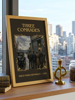 Three Comrades Classic Book Art Print by Erich Maria Remarque – framed print on a city-view windowsill