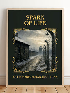 Spark Of Life Classic Book Art Print by Erich Maria Remarque – framed print leaning on a wooden floor