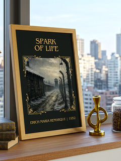 Spark Of Life Classic Book Art Print by Erich Maria Remarque – framed print on a city-view windowsill