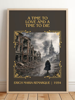 Time To Love And A Time To Die Classic Book Art Print by E. Remarque – framed print leaning on a wooden floor