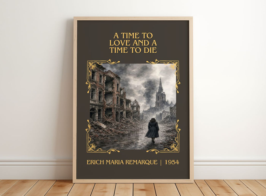 Time To Love And A Time To Die Classic Book Art Print by E. Remarque – framed print leaning on a wooden floor