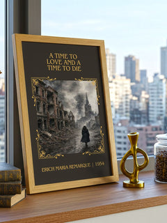 Time To Love And A Time To Die Classic Book Art Print by E. Remarque – framed print on a city-view windowsill