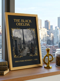 The Black Obelisk Classic Book Art Print by Erich Maria Remarque – framed print on a city-view windowsill