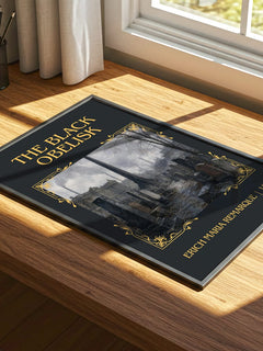 The Black Obelisk Classic Book Art Print by Erich Maria Remarque – print on a sunlit desk