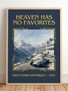 Heaven Has No Favorites Classic Book Art Print by Erich Maria Remarque – framed print leaning on a wooden floor