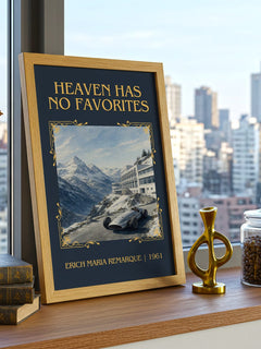 Heaven Has No Favorites Classic Book Art Print by Erich Maria Remarque – framed print on a city-view windowsill