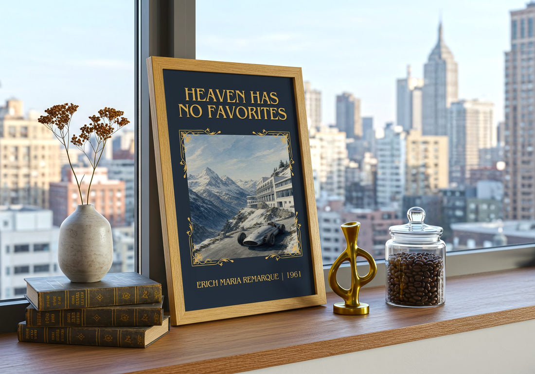Heaven Has No Favorites Classic Book Art Print by Erich Maria Remarque – framed print on a city-view windowsill