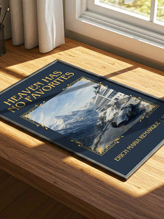 Heaven Has No Favorites Classic Book Art Print by Erich Maria Remarque – print on a sunlit desk