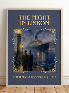 The Night In Lisbon Classic Book Art Print by Erich Maria Remarque – framed print leaning on a wooden floor