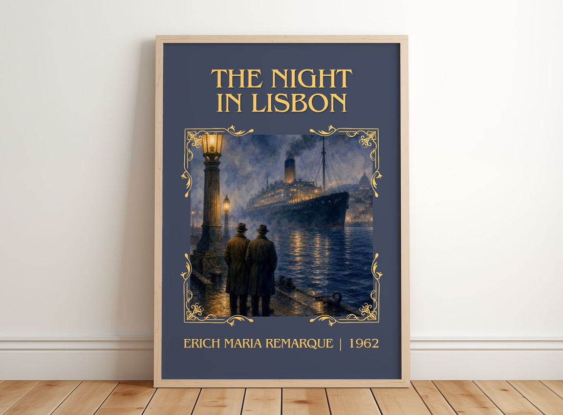 The Night In Lisbon Classic Book Art Print by Erich Maria Remarque – framed print leaning on a wooden floor