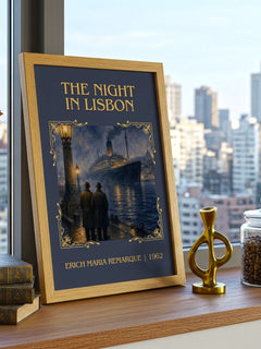 The Night In Lisbon Classic Book Art Print by Erich Maria Remarque – framed print on a city-view windowsill