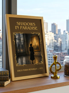Shadows In Paradise Classic Book Art Print by Erich Maria Remarque – framed print on a city-view windowsill