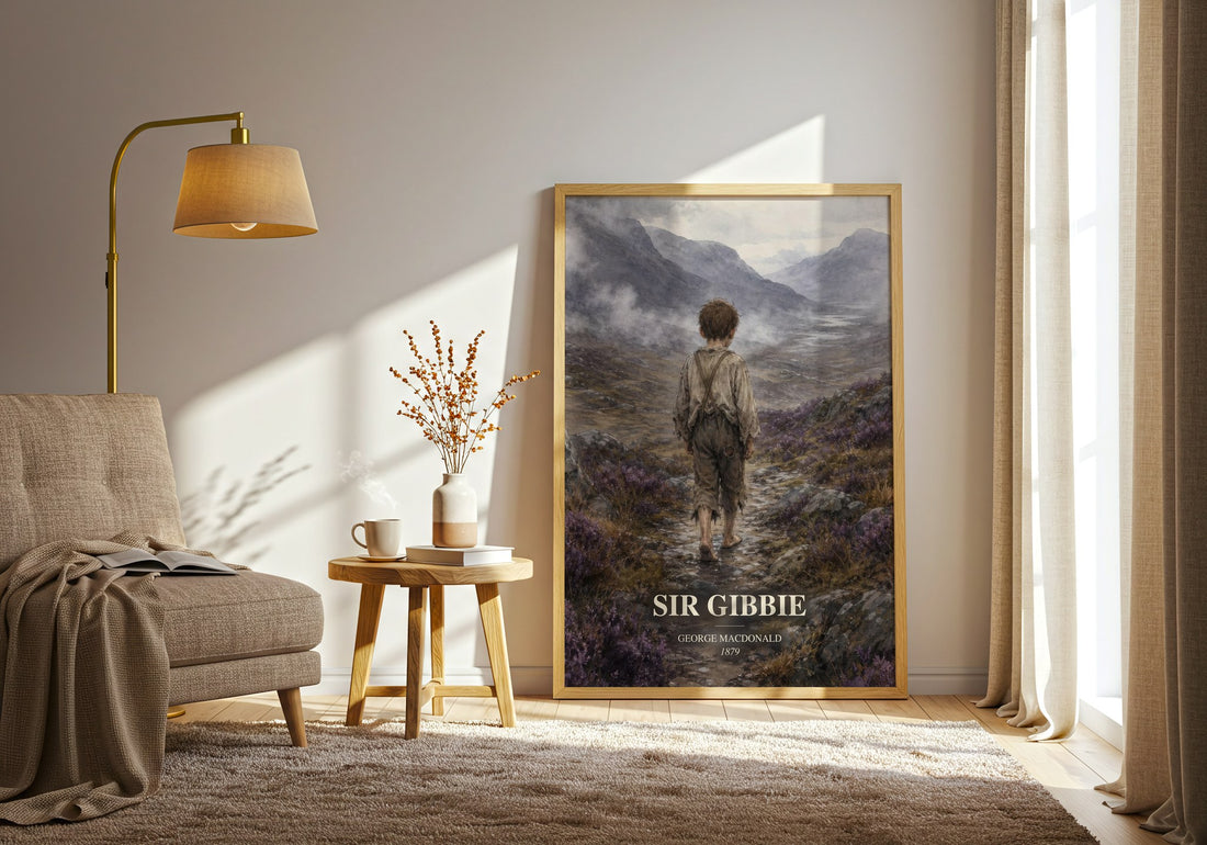 Sir Gibbie watercolour print in frame leaning in hallway – classic literature wall art (mockup)
