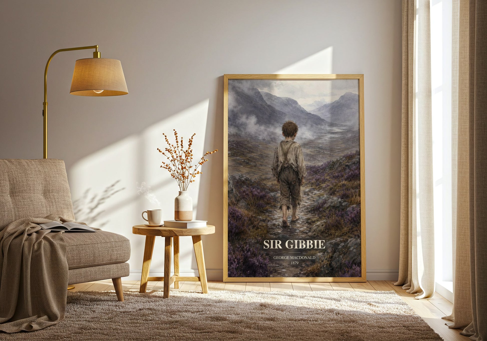 Sir Gibbie watercolour print in frame leaning in hallway – classic literature wall art