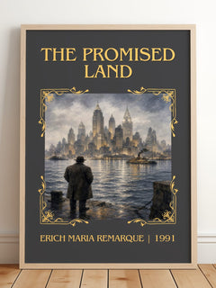 The Promised Land Classic Book Art Print by Erich Maria Remarque – framed print leaning on a wooden floor