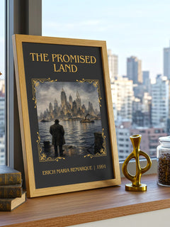 The Promised Land Classic Book Art Print by Erich Maria Remarque – framed print on a city-view windowsill