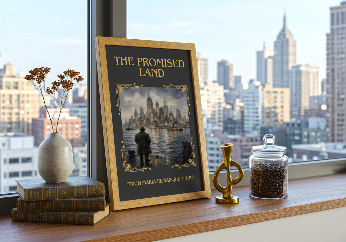 The Promised Land Classic Book Art Print by Erich Maria Remarque – framed print on a city-view windowsill