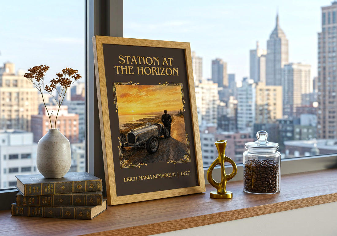 Station At The Horizon Classic Book Art Print by Erich Maria Remarque – framed print on a city-view windowsill