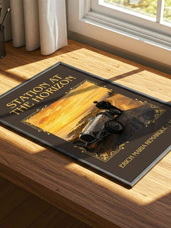 Station At The Horizon Classic Book Art Print by Erich Maria Remarque – print on a sunlit desk