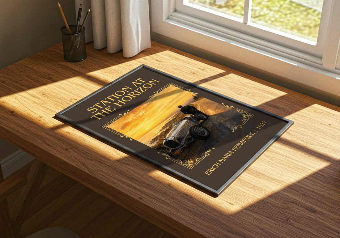 Station At The Horizon Classic Book Art Print by Erich Maria Remarque – print on a sunlit desk
