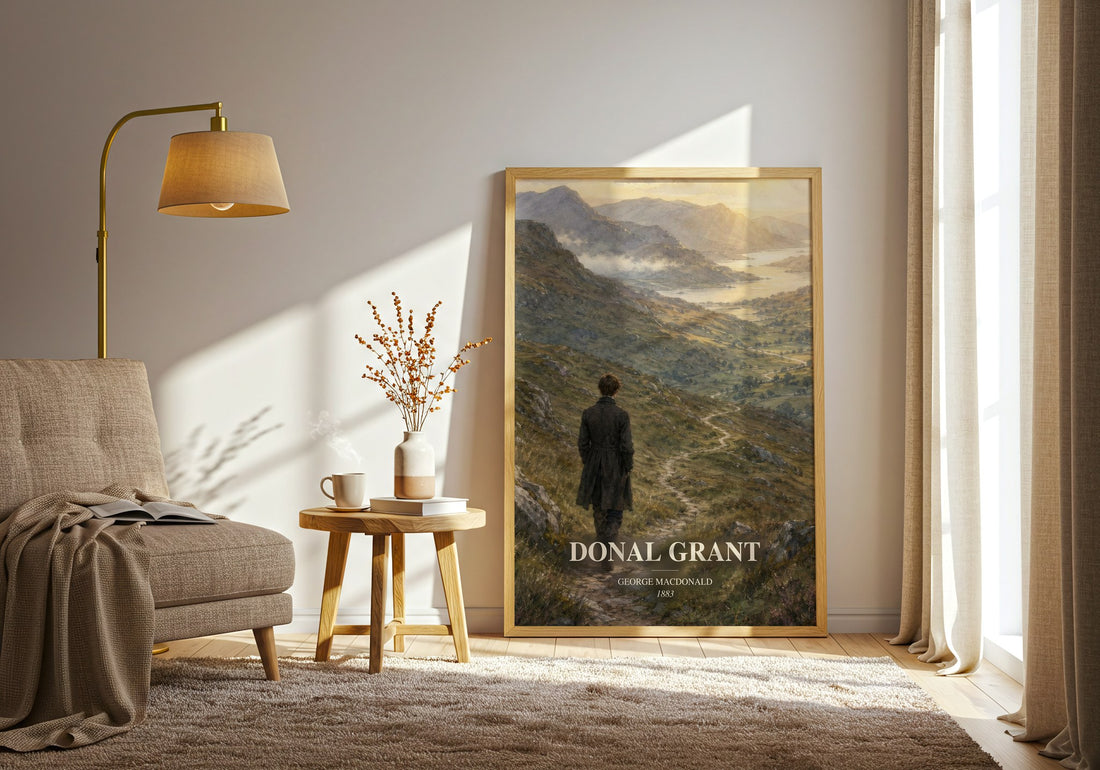 Donal Grant watercolour print in frame leaning in hallway – classic literature wall art (mockup)