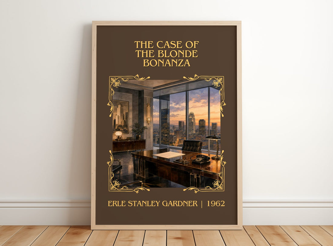 Case Of The Blonde Bonanza Classic Book Art Print by E. Gardner – framed print leaning on a wooden floor