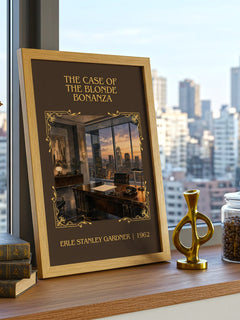 Case Of The Blonde Bonanza Classic Book Art Print by E. Gardner – framed print on a city-view windowsill