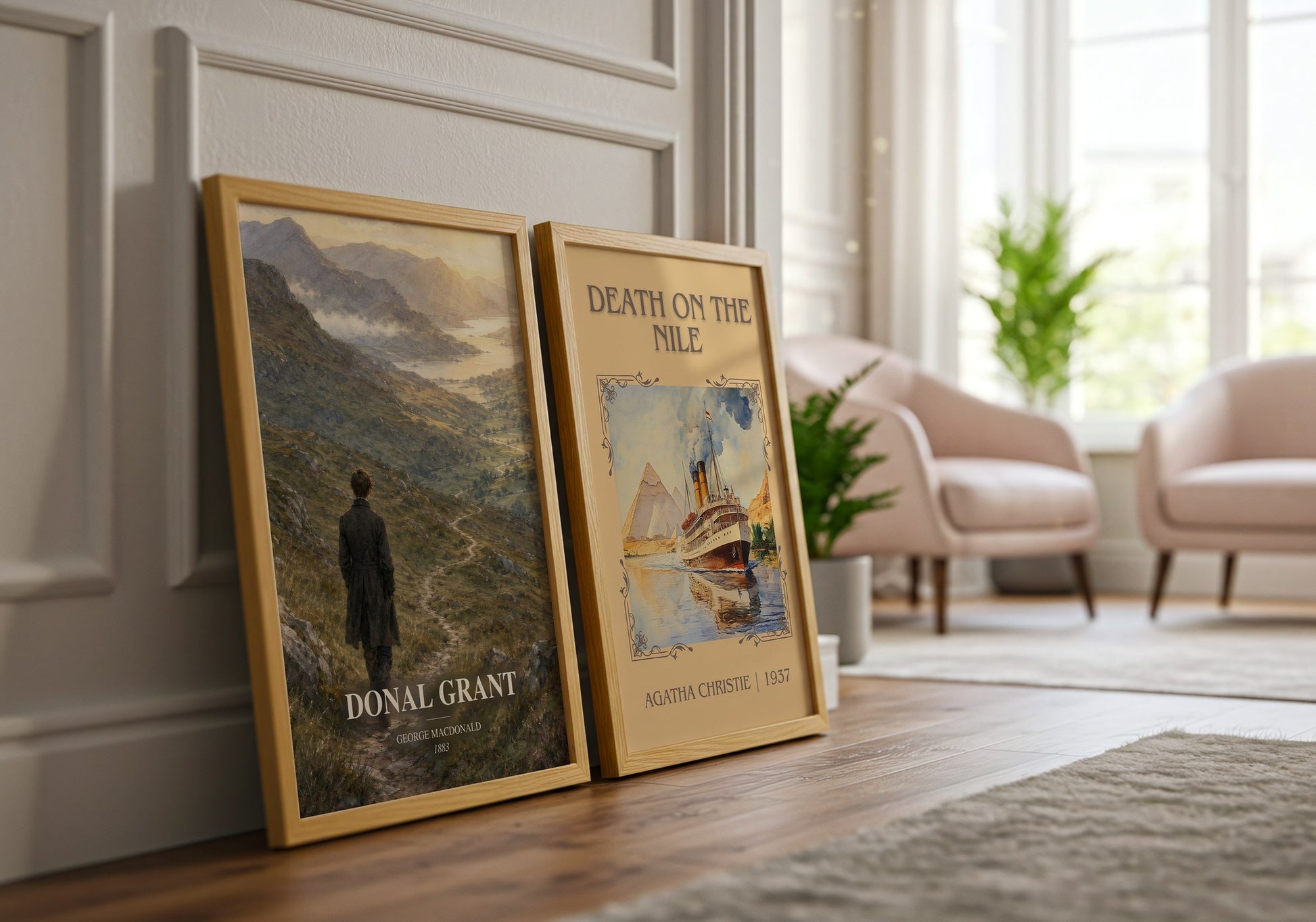 Donal Grant watercolour print framed by window – literary home decor