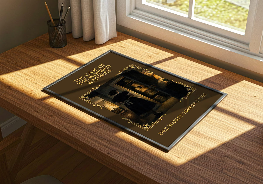 Case Of The Worried Waitress Classic Book Art Print by E. Gardner – print on a sunlit desk