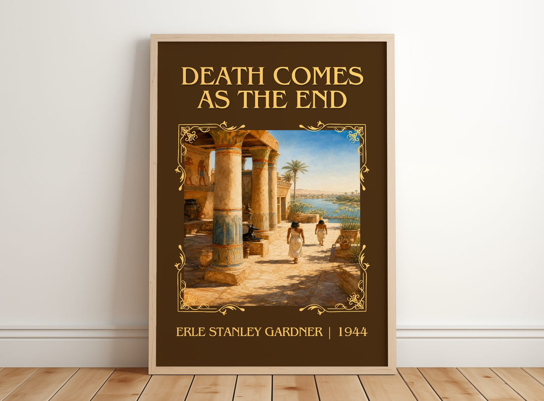 Death Comes As The End Classic Book Art Print by Erle Stanley Gardner – framed print leaning on a wooden floor