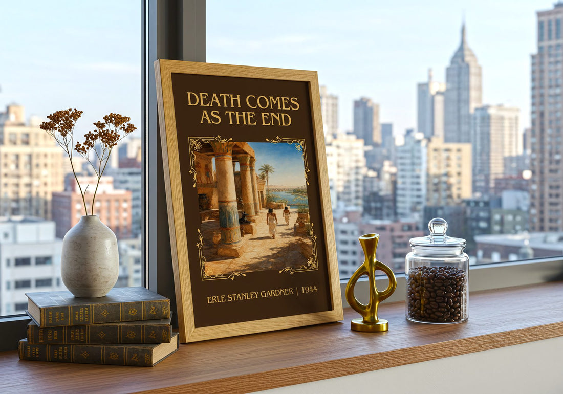 Death Comes As The End Classic Book Art Print by Erle Stanley Gardner – framed print on a city-view windowsill