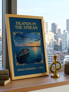 Islands In The Stream Classic Book Art Print by Ernest Hemingway – framed print on a city-view windowsill