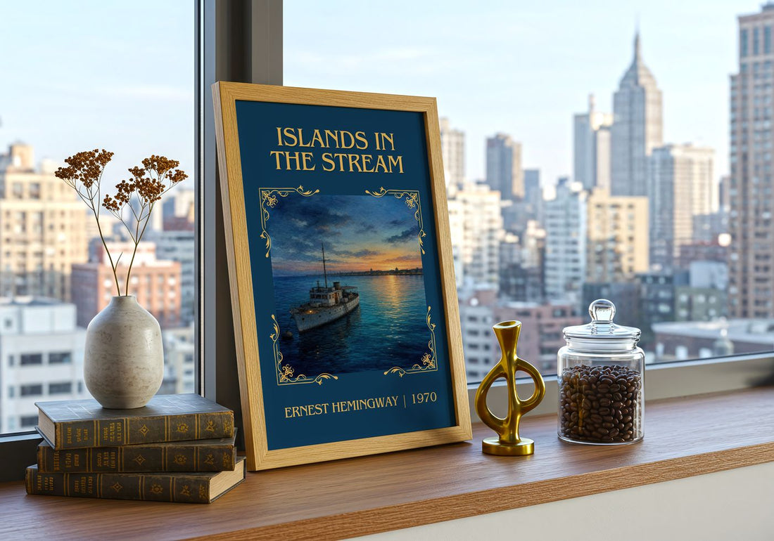 Islands In The Stream Classic Book Art Print by Ernest Hemingway – framed print on a city-view windowsill