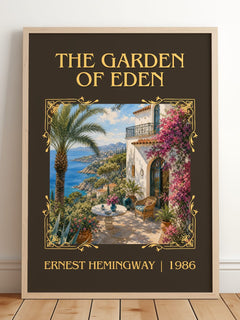 The Garden Of Eden Classic Book Art Print by Ernest Hemingway – framed print leaning on a wooden floor