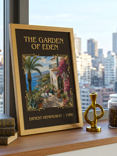 The Garden Of Eden Classic Book Art Print by Ernest Hemingway – framed print on a city-view windowsill
