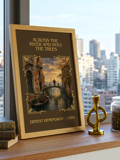 Across The River And Into The Trees Classic Book Art Print – framed print on a city-view windowsill