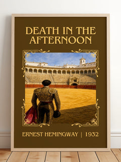Death In The Afternoon Classic Book Art Print by Ernest Hemingway – framed print leaning on a wooden floor