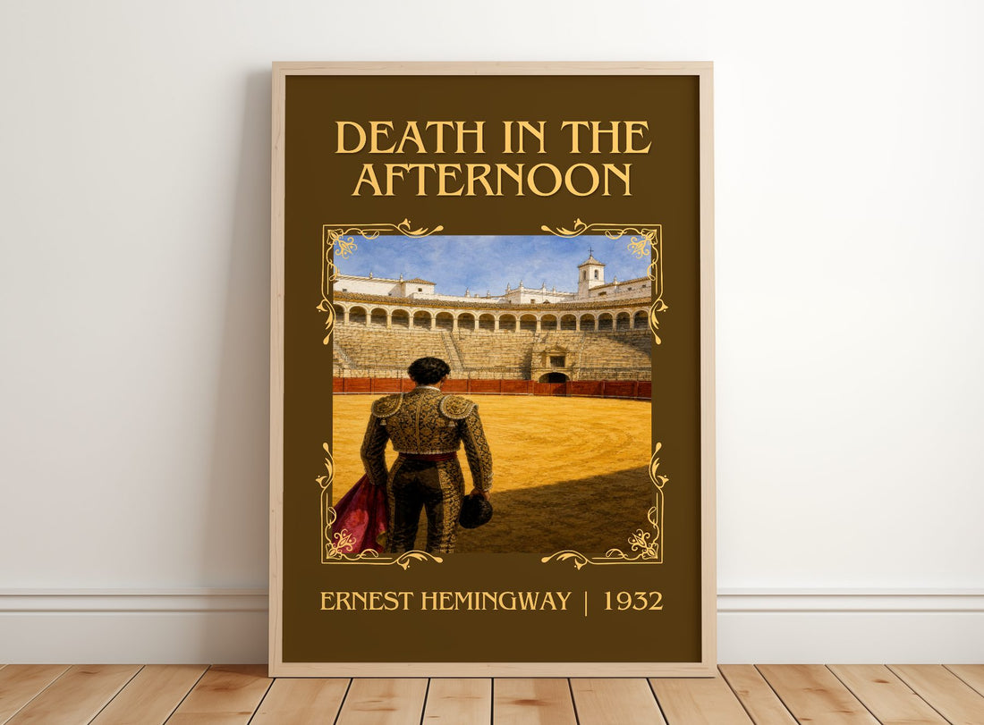 Death In The Afternoon Classic Book Art Print by Ernest Hemingway – framed print leaning on a wooden floor
